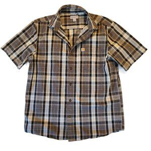 Carhartt Men's Button Down Shirt Size Large Short Sleeve Brown Plaid 100% Cotton